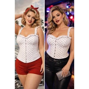 Corset Story Pin Up Rockabilly Ruffle Corset Polkadot White Size 16 Feminine